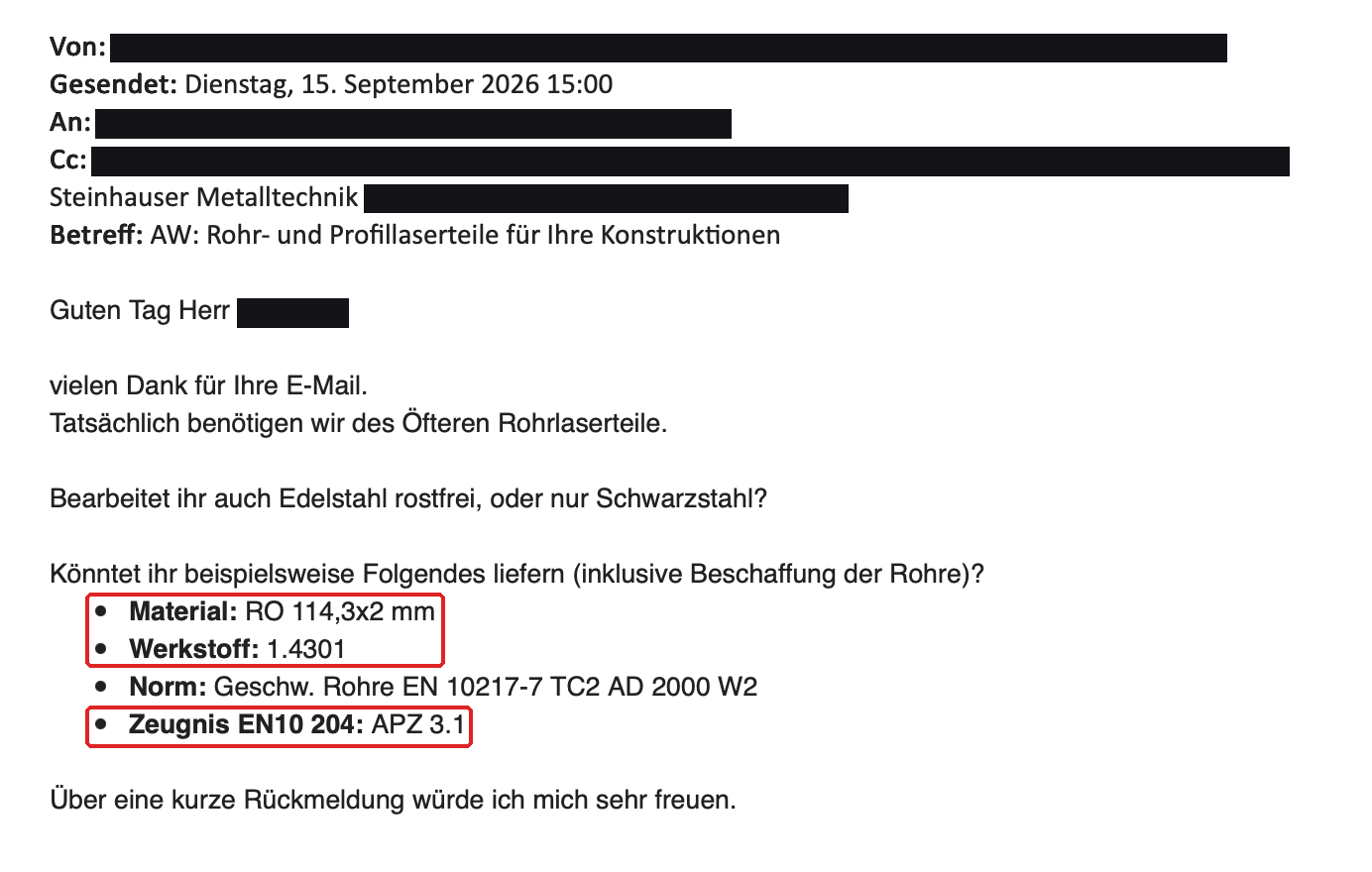 Anfrage per E-Mail an HVD · Lohnfertiger